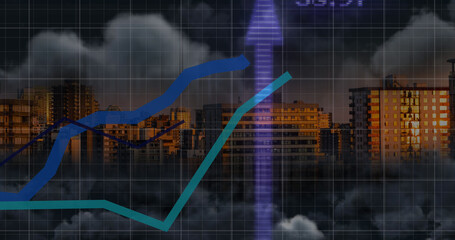 Image of financial data processing with graph and arrows over cityscape