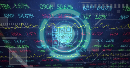 Image of scope scanning with qr code over stock market on black background