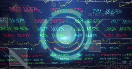 Image of scope scanning with qr code over stock market on black background
