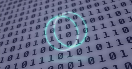 Image of neon circles over digital screen with binary code