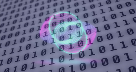 Image of neon circles over digital screen with binary code