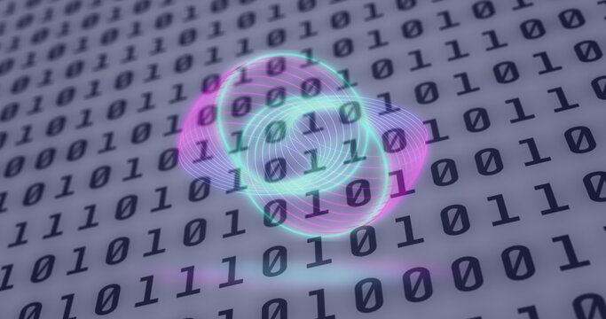 Image of neon circles over digital screen with binary code