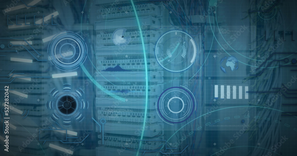 Fototapete Image of 5g text banner, round scanners and data processing against computer server room