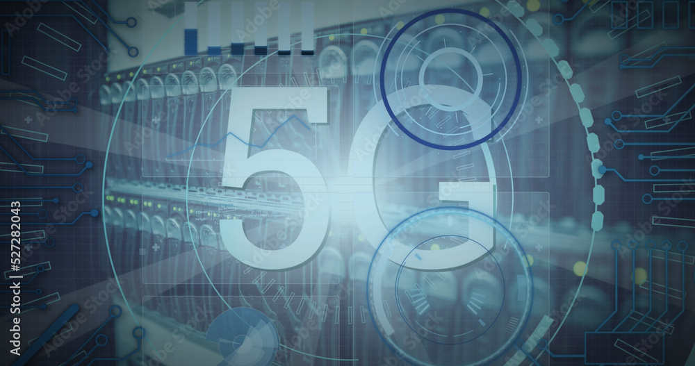 Poster image of 5g text banner and round scanners over close up of a computer server