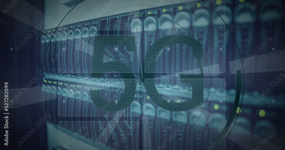Poster image of 5g text banner and round scanners over close up of a computer server