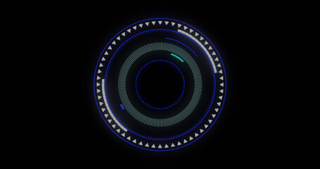 Image of round scanner over stock market data processing against blue background