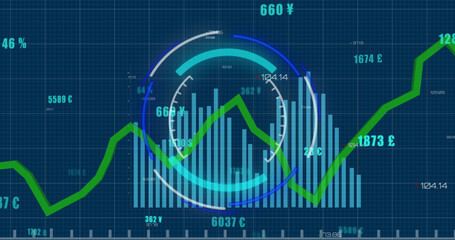 Image of round scanner over statistical data processing against blue background