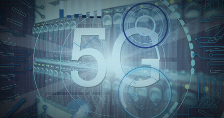 Image of 5g text banner and round scanners over close up of a computer server