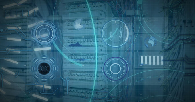 Image of 5g text banner, round scanners and data processing against computer server room - Powered by Adobe