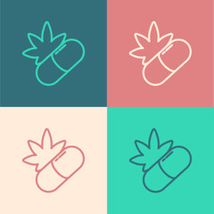 Pop art line Medical pills with marijuana or cannabis leaf icon isolated on color background. Mock up of cannabis oil extracts in jars. Vector Illustration