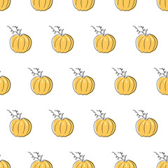 Pattern of drawn pumpkins. Doodle pumpkins on a pattern for textiles, wallpapers, halloween decor.