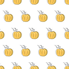 Pattern of drawn pumpkins. Doodle pumpkins on a pattern for textiles, wallpapers, halloween decor.