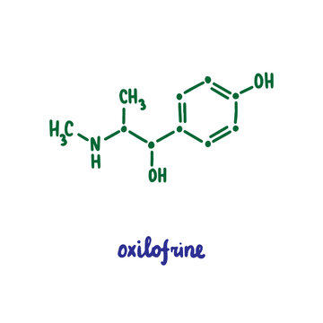 Oxilofrine hand drawn vector formula chemical structure lettering blue green
