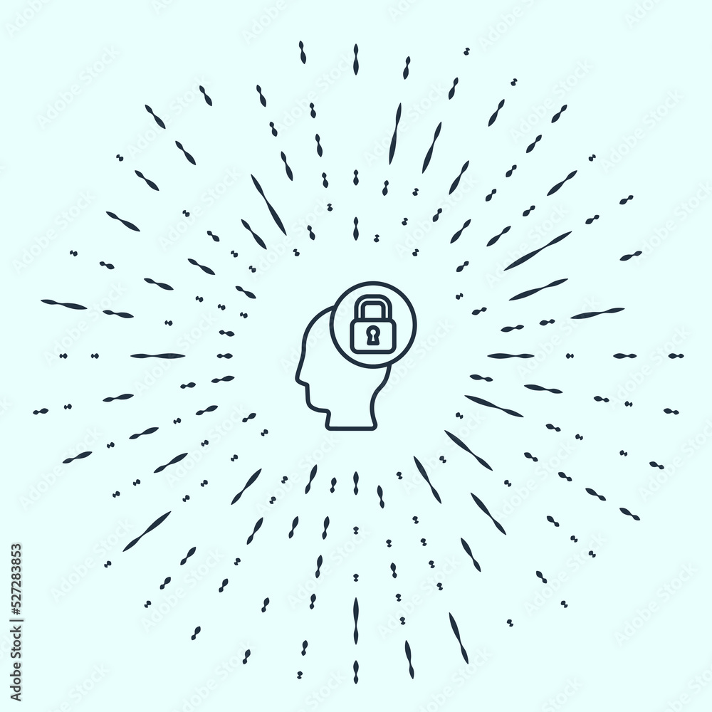 Poster Black line Human head with lock icon isolated on grey background. Abstract circle random dots. Vector