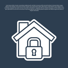 Blue line House under protection icon isolated on blue background. Home and lock. Protection, safety, security, protect, defense concept. Vector
