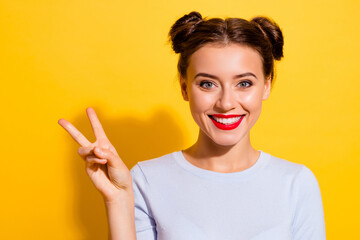 Portrait of lovely sweet adorable lady with red lipstick make v sign symbol isolated bright color...