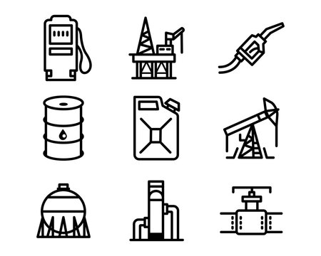 Industry oil linevector icon set - oil jack vector, canister, offshore platform, gas storage, pipeline, barrel