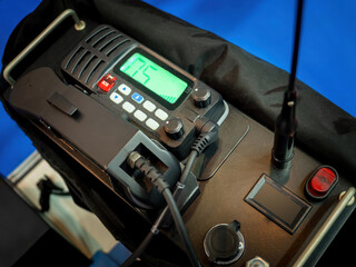 River radio station. Communication equipment for seafarers. River radio station with button SOS. Mobile radio station for river vessels. Communication facilities for boats and small ships.