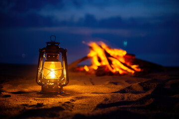 焚火とオイルランタン