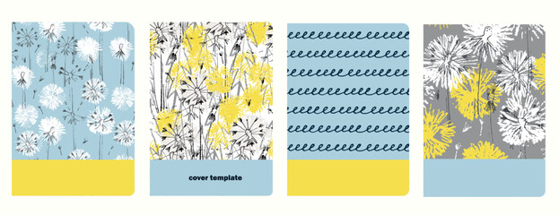 Set of cover page templates with dandelions. Based on seamless patterns. Headers isolated and replaceable. Perfect for school notebooks, diaries