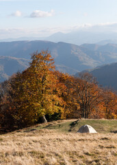 Autumn vacation with a tent in nature