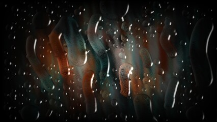 Abstract colorful frosted glass background with splash rain drops. Modern Futuristic art. Dark artistic holographic background with cool gradients. Glowing neon background
