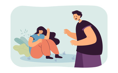 Man arguing with depressed girlfriend flat vector illustration. Couple having conflict, husband bullying his wife. Abuse, violence, fear concept for banner, website design or landing web page