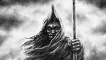 Angry dark warrior with spear is watching. Scary 2d illustration. Twilight, creepy fog and gloomy man. Horror fantasy art. Spooky visions of hell. Halloween ghost image. Black and white background.