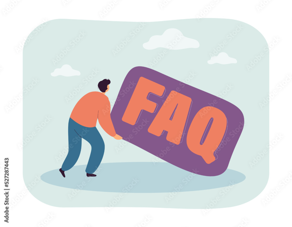 Poster man holding heavy big faq sign. search of answer to important question of tiny person flat vector il