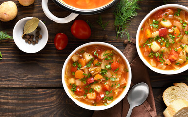 Cabbage soup in bowls
