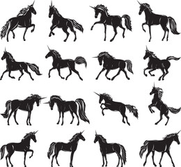 unicorns set silhouette isolated, vector