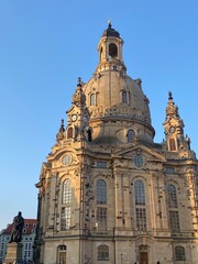 Dresden, Germany: Panoramic view of historical center, Church of our Lady (Frauenkirche) and Neumarkt square in downtown of Dresden in summer with blue sky