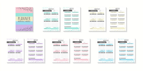 Minimalistic planner page templates. Weekly and day organizers. Graphic paper organization vector set. Minimalist design in pastel colors