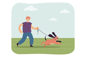 Pet owner and dog on leash training together. Man and puppy jogging together on stadium track flat vector illustration. Active morning exercise concept for banner, website design or landing web page