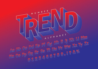 Gradient angled font in red and blue halftone. Vector 3D comic screen tone typographic design. Dimensional alphabet and number. Stylish cool typeface for poster, cover, brochure, graphic layout, etc. 
