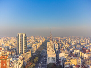Aerial view of the Obelisk, icon of the city of Buenos Aires.