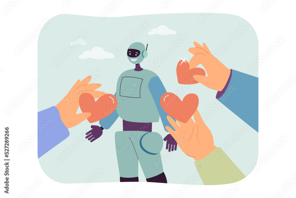 Poster hands of community giving hearts to robot. respect and gratitude from people to machine for good job