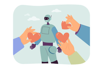 Hands of community giving hearts to robot. Respect and gratitude from people to machine for good job flat vector illustration. Tech innovation concept for banner, website design or landing web page
