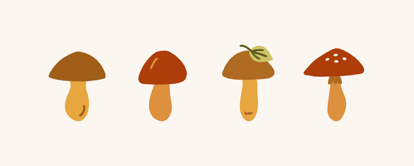 Collection of various cartoon mushrooms. Boletus, amanita or fly agaric illustration. Forest and autumn elements, fall season. Vector hand drawn graphics.