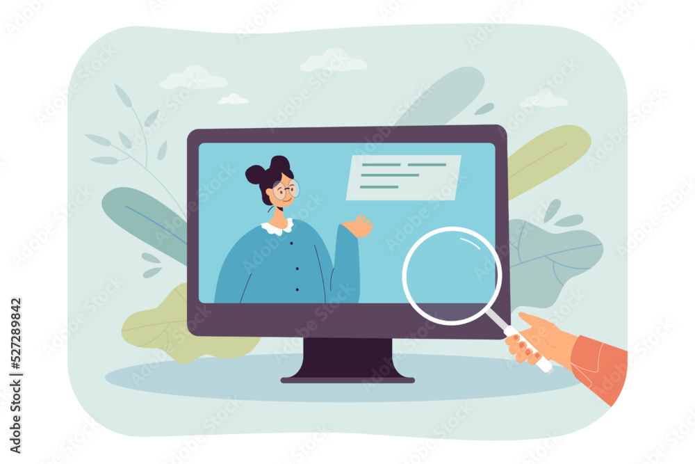 Poster human looking at computer monitor through magnifier. woman with text bubble on screen flat vector il