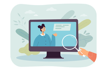 Human looking at computer monitor through magnifier. Woman with text bubble on screen flat vector illustration. Information, searching engine concept for banner, website design or landing web page