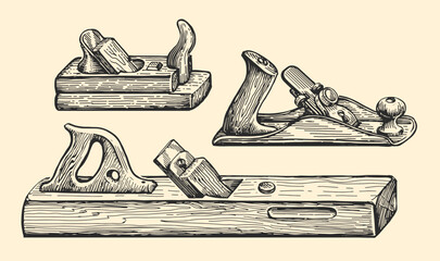Hand jointer in sketch vintage style. Woodworking, carpenter tool vector illustration. Carpentry, woodwork concept - obrazy, fototapety, plakaty