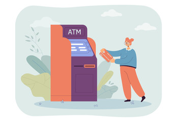 Girl using ATM machine flat vector illustration. Female character withdrawing cash from credit card. Finance, transaction, currency, payment concept for banner, website design or landing web page