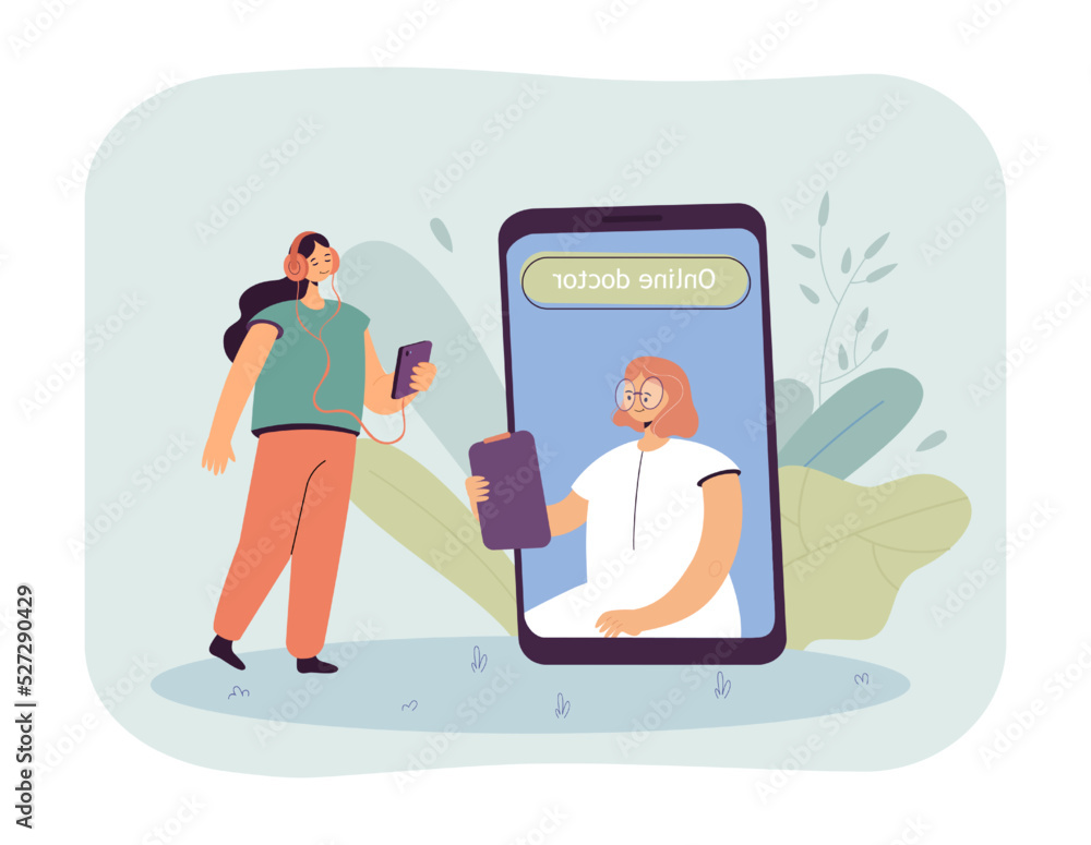 Wall mural Online appointment for patient with doctor on phone screen. Tiny girl in headphones using mobile app flat vector illustration. Telemedicine concept for banner, website design or landing web page