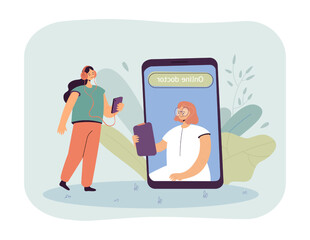 Online appointment for patient with doctor on phone screen. Tiny girl in headphones using mobile app flat vector illustration. Telemedicine concept for banner, website design or landing web page