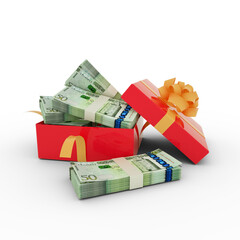 Stack of Libyan dinar notes inside an open red gift box. Bundles of dinars inside a gift box. 3d rendering of money inside box isolated on white background