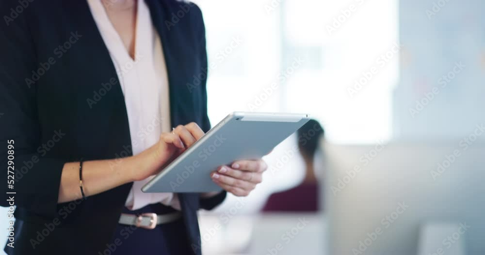 Poster hands of business manager in office using tablet for social media content research for startup conte