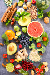 health food selection ( fruits,  vegetables and spices )