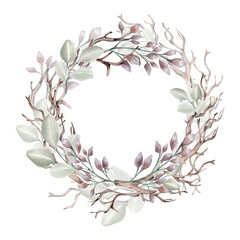 Wreath of winter plants watercolor illustration isolated on white.