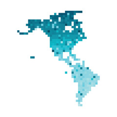 Vector isolated geometric illustration with simplified icy blue silhouette of North and South America (continent) map. Pixel art style for NFT template. Dotted logo with gradient texture